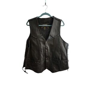 Highway‎ Hawks Mens Black Genuine Leather Braided Trim Motorcycle Biker Vest XL